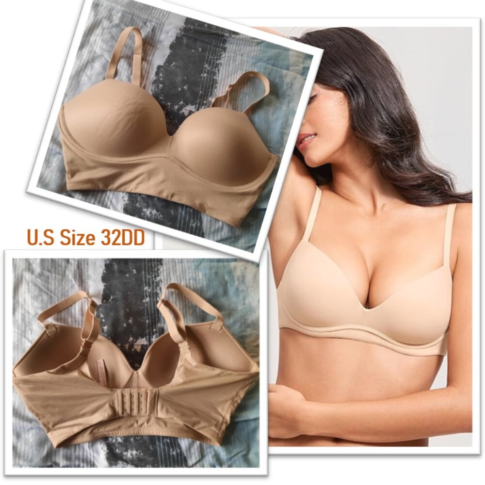 DOBREVA Women's Smooth T-shirt Push Up Bra w/ Padded Plunge! - Beige, Size 32DD